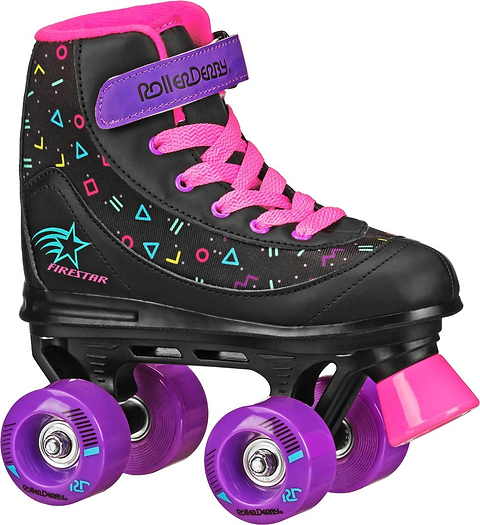 The Roller Derby Firestar V2 Quad Roller Skates – Midnight Prism feature a vibrant black boot adorned with geometric designs, complemented by pink laces and a matching pink strap with the “Roller Derby” logo. These stylish roller skates are equipped with bright purple wheels, a coordinating pink toe stop, and ankle padding for added comfort and flair.