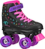 The Roller Derby Firestar V2 Quad Roller Skates – Midnight Prism feature a vibrant black boot adorned with geometric designs, complemented by pink laces and a matching pink strap with the “Roller Derby” logo. These stylish roller skates are equipped with bright purple wheels, a coordinating pink toe stop, and ankle padding for added comfort and flair.