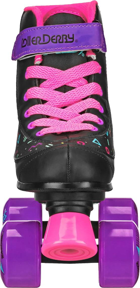 Front view of the Roller Derby Firestar V2 Quad Roller Skates - Midnight Prism, featuring a black design with pink laces, a purple strap labeled “Roller Derby Firestar V2,” and purple wheels with a pink toe stop—ideal as a stylish children’s roller skate from Roller Derby.