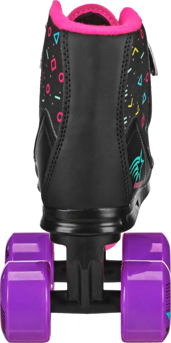 The Roller Derby Firestar V2 Quad Roller Skates – Midnight Prism feature a sleek black design adorned with vibrant geometric patterns, eye-catching pink trim, and purple wheels. Shown from the back, these skates by Roller Derby are a stylish and fun choice for kids.