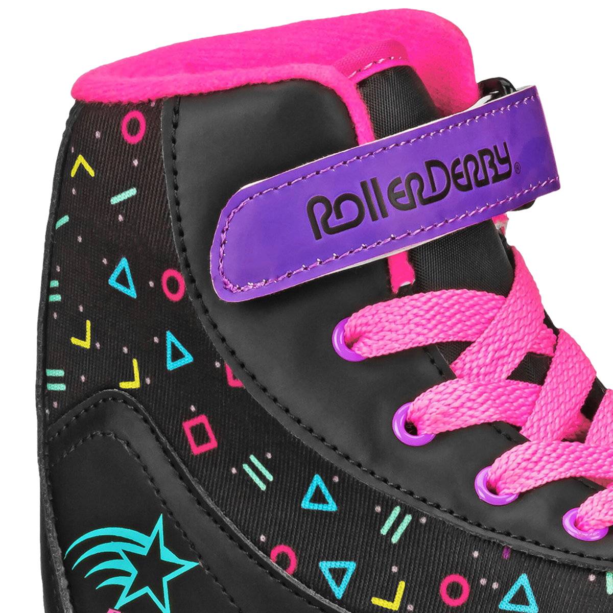 Close-up of a black Roller Derby Firestar V2 Quad Roller Skate - Midnight Prism, featuring neon pink laces, a purple “Roller Derby” strap, and vibrant geometric patterns. The bright pink lining and a teal star design near the heel highlight this colorful children’s quad roller skate by Roller Derby.