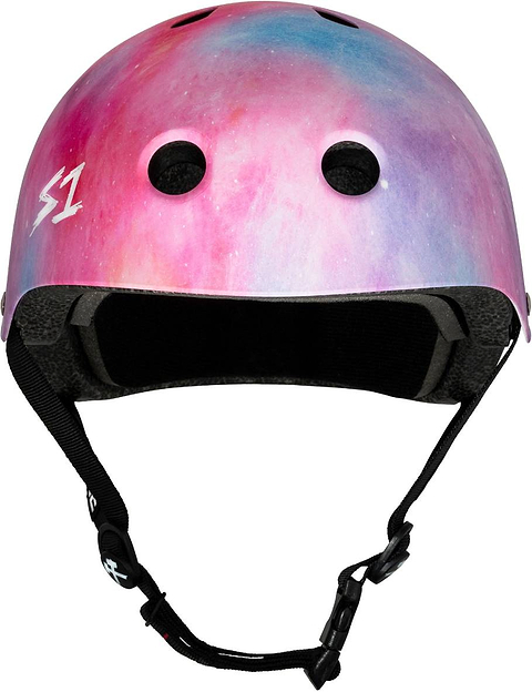 S1 Lifer Skate / Scooter Helmet - Cotton Candy with a pink, purple, and blue nebula-print shell and black chin straps.