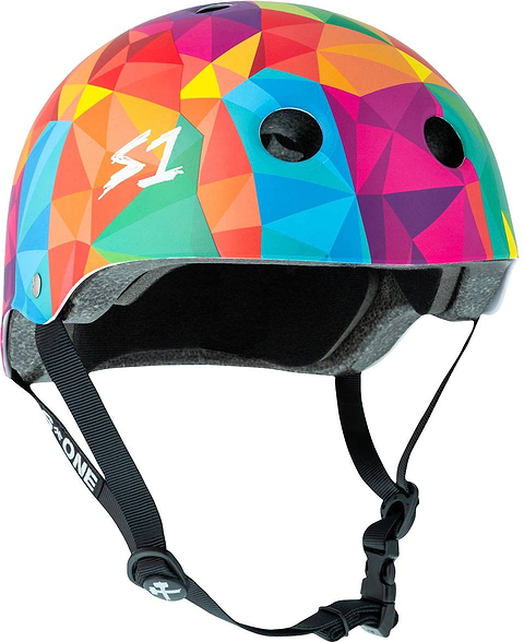 S1 Lifer Skate / Scooter Helmet - Kaleidoscope featuring a colorful geometric triangle pattern and a chin strap with a buckle.