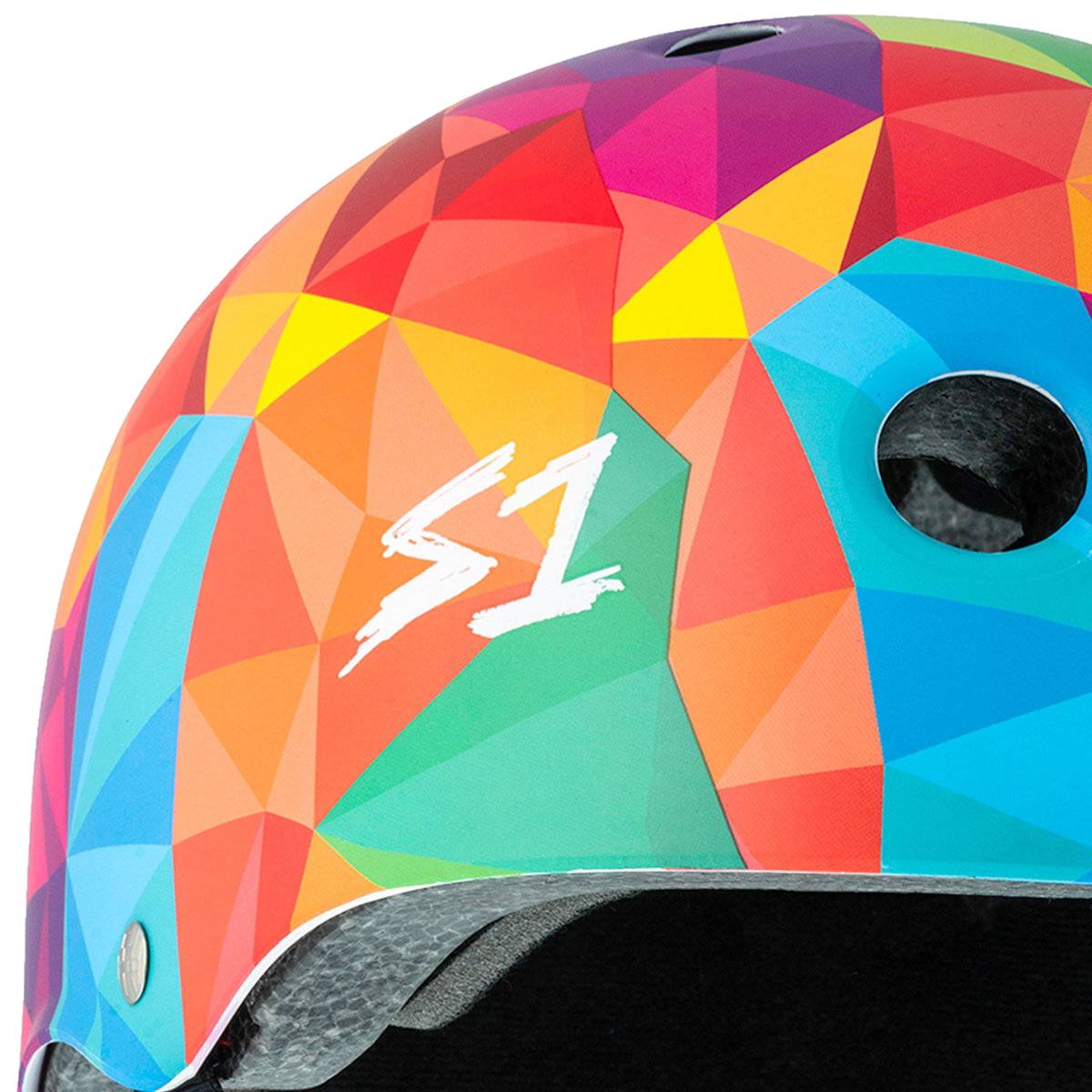 S1 Lifer Skate / Scooter Helmet - Kaleidoscope featuring a multicolored geometric triangle pattern and a white logo on the side.