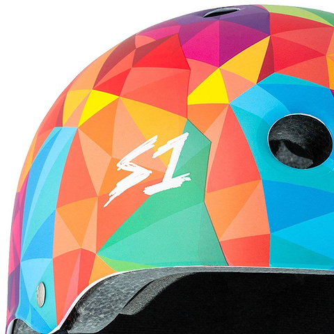 S1 Lifer Skate / Scooter Helmet - Kaleidoscope featuring a multicolored geometric triangle pattern and a white logo on the side.