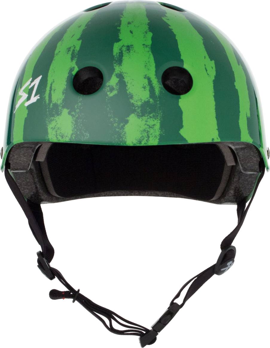 S1 Lifer Skate / Scooter Helmet - Watermelon featuring a green watermelon rind pattern and black chin straps.
