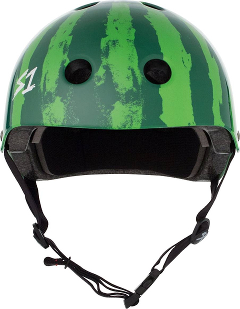 S1 Lifer Skate / Scooter Helmet - Watermelon featuring a green watermelon rind pattern and black chin straps.