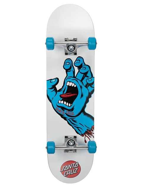 The Santa Cruz Screaming Hand Large Complete Skateboard - White / Blue 8.25″ x 31.25″ features blue wheels, the classic Screaming Hand graphic, and the Santa Cruz logo near the bottom.