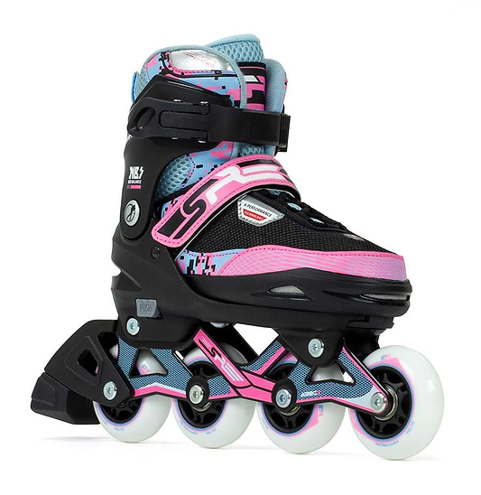 The SFR Pixel Adjustable Inline Skates - Blue / Pink feature a vibrant design with black, pink, and blue highlights. Perfect for beginner skaters, they provide high ankle support and adjustable straps to ensure a secure fit. With their four-wheel setup, these skates are ideal for anyone looking to roll in style.