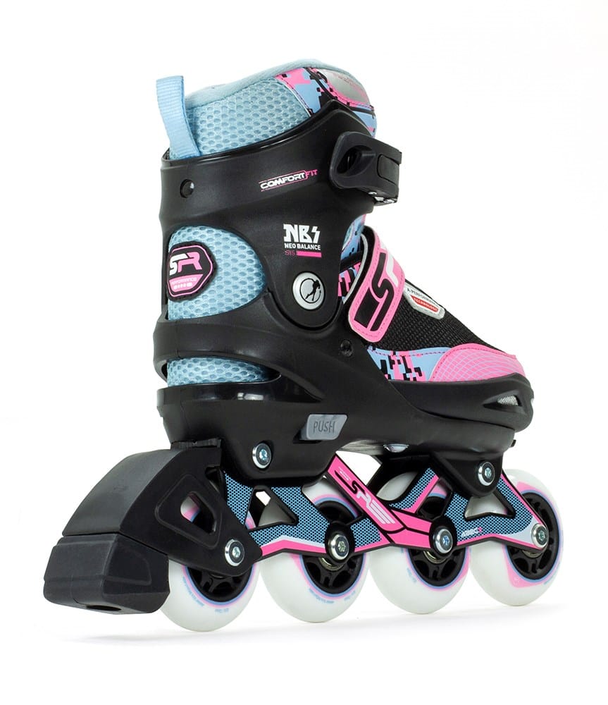 A close-up image of the SFR Pixel Adjustable Inline Skates by SFR showcases a design in black, pink, and blue. Ideal for beginner skaters, these skates feature four wheels, adjustable straps, and various logos on the boot including "Comfort Fit" and "NR7." The skates are photographed against a white background.