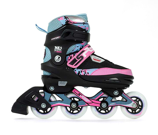 Introducing the SFR Pixel Adjustable Inline Skates - Blue / Pink, ideal for beginner skaters. These vibrant skates feature a blue boot with pink and black accents in a sleek, patterned design. The white wheels have pink highlights on an enchanting pink frame, and the built-in buckle along with an adjustable sizing mechanism ensures they can grow with you.