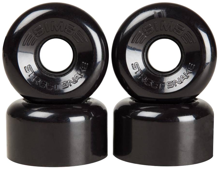 A pair of Sims Street Snakes 78A Quad Roller Skate Wheels in black (62mm x 34mm) stand upright side by side on a white background, featuring “SIMS STREET SNAKE” embossed on each wheel—perfect outdoor roller skate wheels that blend smooth performance and stylish design.