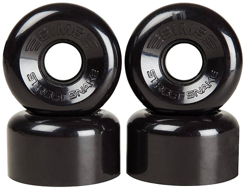 A pair of Sims Street Snakes 78A Quad Roller Skate Wheels in black (62mm x 34mm) stand upright side by side on a white background, featuring “SIMS STREET SNAKE” embossed on each wheel—perfect outdoor roller skate wheels that blend smooth performance and stylish design.