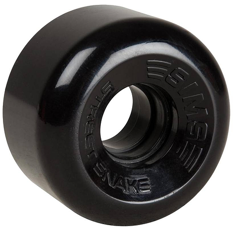 Sims Street Snakes 78A Quad Roller Skate Wheels in black, measuring 62mm x 34mm, feature “SIMS STREET SNAKE” embossed around the central hole. Designed by Sims, these quad wheels deliver smooth rides for your outdoor roller skating adventures.