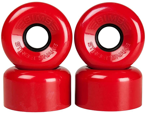 Four vibrant red Sims Street Snakes 78A Quad Roller Skate Wheels by Sims, each measuring 62mm x 34mm and featuring black centers, are arranged in two stacked pairs. The “SIMS Street Snake” branding is embossed on the side of each wheel, making these versatile wheels perfect for use as roller skate or quad skate wheels.