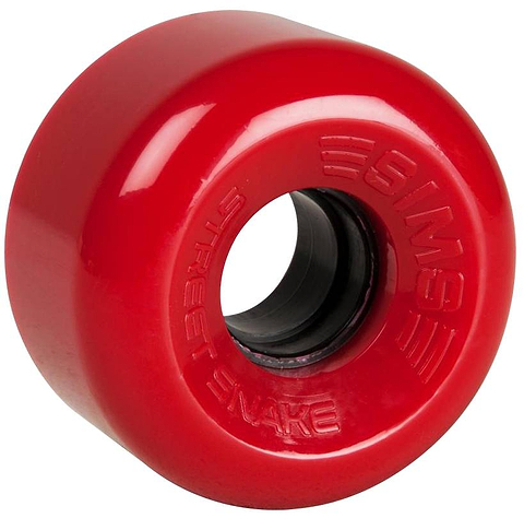 A close-up of a single red Sims Street Snakes 78A Quad Roller Skate Wheel (62mm x 34mm), featuring the brand name “Sims” and “Street Snakes” embossed on the surface, reminiscent of the iconic Sims roller skate wheels.