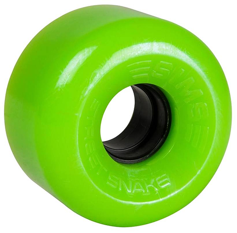 Vivid green Sims Street Snakes 78A Quad Roller Skate Wheel, measuring 62mm x 34mm, features a black inner hub and embossed text on its outer surface. Designed for quad skates, this wheel is crafted from grippy urethane by Sims to deliver outstanding traction and control.