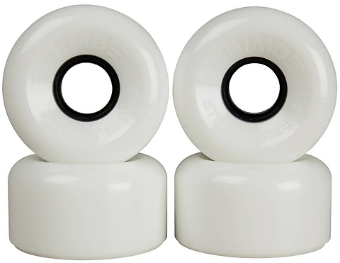 Four Sims Street Snakes 78A Quad Roller Skate Wheels in white, each measuring 62mm x 34mm, are displayed in two neat rows of two against a plain white background. These wheels from Sims combine stylish black centers with a smooth, high-performance ride for quad skaters.
