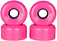 Four Sims Street Snakes 78A Quad Roller Skate Wheels in bright pink, each measuring 62mm x 34mm and featuring black cores, are stacked in pairs against a white background. The brand name “Sims Street Snake” is embossed on the front of each wheel, making them ideal roller skate wheels for vibrant style and top performance.