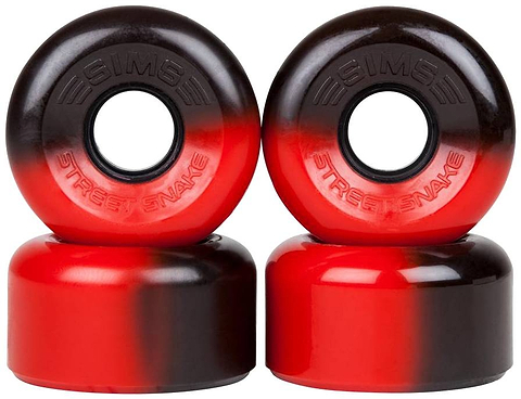 Four Sims Street Snakes 78A Quad Roller Skate Wheels, shown in two stacked pairs, feature a red and black gradient design with “SIMS STREET SNAKE” embossed around the center. These classic outdoor wheels from Sims measure 62mm x 34mm.