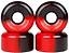 Four Sims Street Snakes 78A Quad Roller Skate Wheels, shown in two stacked pairs, feature a red and black gradient design with “SIMS STREET SNAKE” embossed around the center. These classic outdoor wheels from Sims measure 62mm x 34mm.