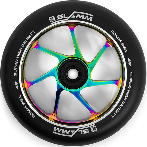 Close-up of the Slamm Team 110mm Stunt Scooter Wheel in Black/Neochrome, featuring distinctive “SLAMM” branding and vibrant iridescent metal spokes. The tire displays the text “110mm 88A SUPER HIGH DENSITY,” while a precision bearing at the center highlights the premium quality associated with Slamm wheels.