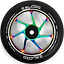 Close-up of the Slamm Team 110mm Stunt Scooter Wheel in Black/Neochrome, featuring distinctive “SLAMM” branding and vibrant iridescent metal spokes. The tire displays the text “110mm 88A SUPER HIGH DENSITY,” while a precision bearing at the center highlights the premium quality associated with Slamm wheels.