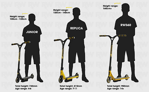 A man standing next to a Nitro Circus Ryan Williams Signature Replica 2025 Complete Stunt Scooter in Gold/Black.