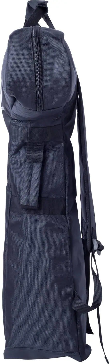 A side view of the Skates.co.uk Scooter Bag - Black, featuring a padded shoulder strap, handle, and zippered design from Skates.co.uk, standing upright against a white background.