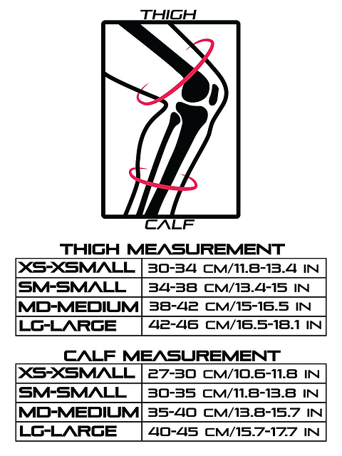 Diagram of a knee with lines indicating the thigh and calf areas. Below are size charts for both thigh and calf measurements for the Fasen Sliders Pro Knee Skate Protection Pads - White by Fasen, available in XS, SM, MD, and LG sizes. Charts include measurements in centimeters and inches for each size category to help you choose the perfect fit for your scooter protective gear.