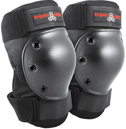 The Triple 8 Saver Series 3-Piece Skate Protection Pad Set in black includes knee pads with hard plastic shells, adjustable straps, and the red and white "triple eight" logo on top straps.