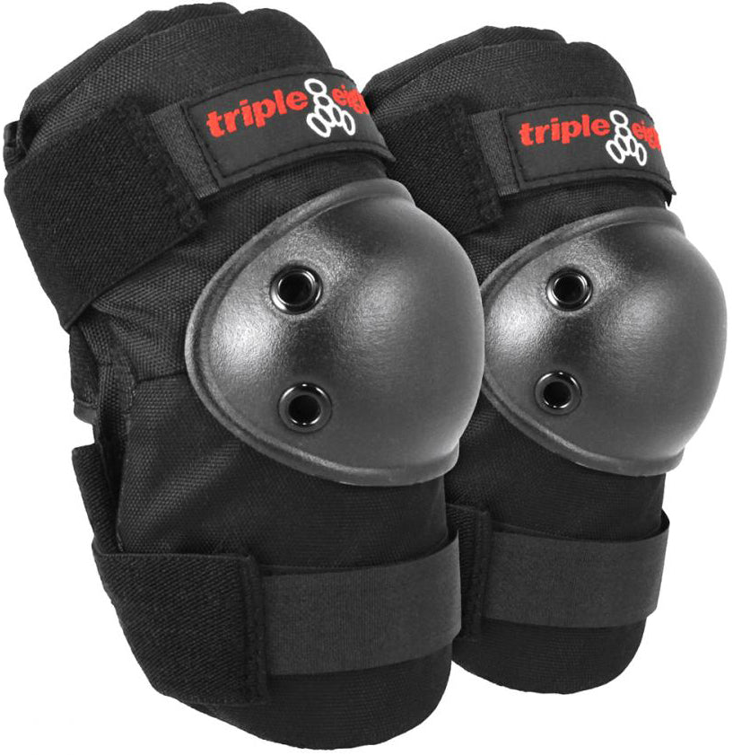 The Triple 8 Saver Series 3-Piece Skate Protection Pad Set in black includes knee pads with hard, rounded caps, adjustable Velcro straps, and the signature red and white Triple 8 logo—ideal for skating or pairing with wrist guards.