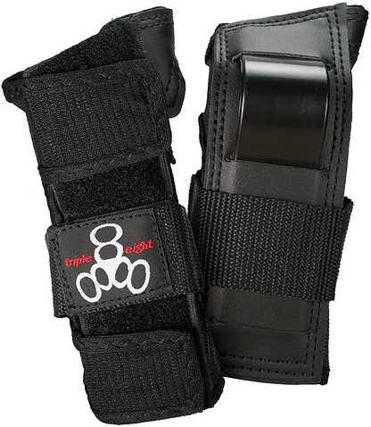 The Triple 8 Saver Series 3-Piece Skate Protection Pad Set in black includes wrist guards with Velcro straps and hard plastic inserts, featuring the "Triple Eight" logo—essential gear for skaters.