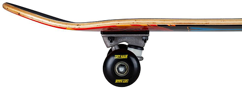 Side view of the Tony Hawk SS 180 Series Shatter Logo Complete Skateboard (7.75″ x 31″), featuring a durable maple deck with a curved nose and tail, sturdy metal trucks, and black wheels highlighted by yellow “TONY HAWK” text. The underside displays a colorful Shatter Logo graphic, making this skateboard from Tony Hawk an excellent choice for beginners.