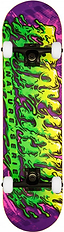 The Tony Hawk 540 Series Slime Complete Skateboard - 8″ x 31.5″ from Tony Hawk features white wheels and a striking deck design in purple, green, and yellow, adorned with an abstract organic pattern and the “Signature Series” text along its length. This vibrant skateboard is ideal for riders who value both style and performance.