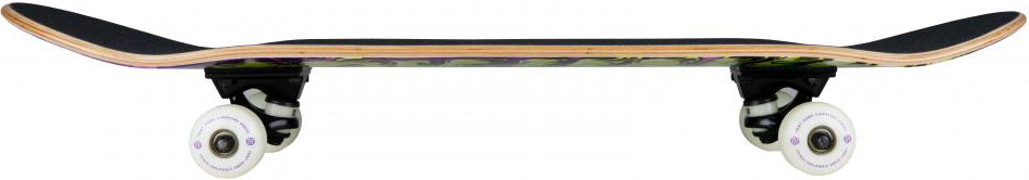 A side view of the Tony Hawk 540 Series Slime Complete Skateboard (8″ x 31.5″) by Tony Hawk, displaying its wooden deck with black grip tape, white wheels, and metal trucks. The complete skateboard is placed horizontally with both ends slightly curved upward.