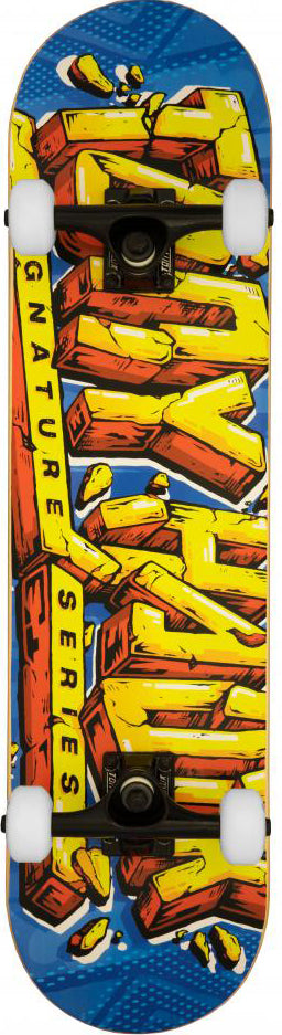 The Tony Hawk 540 Series Smash Complete Skateboard - 7.75″ x 31″ by Tony Hawk features bold yellow and red graffiti-style “Signature Series” text on a blue deck, constructed from durable hardrock maple with white wheels and black trucks.