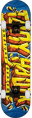 The Tony Hawk 540 Series Smash Complete Skateboard - 7.75″ x 31″ by Tony Hawk features bold yellow and red graffiti-style “Signature Series” text on a blue deck, constructed from durable hardrock maple with white wheels and black trucks.