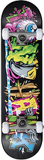 The Tony Hawk 180 Series Ransom Complete Skateboard - 8″ x 31.5″ by Tony Hawk features colorful graffiti-style art with vibrant cartoon faces, bold shapes, and abstract designs on a black background. Ideal as an entry-level skateboard, it’s perfect for riders looking to hit the streets in style.