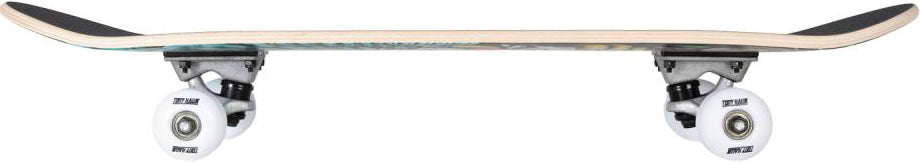Side view of the Tony Hawk 180 Series Rotten Complete Skateboard (7.375″ x 29″) by Tony Hawk, showing the deck, trucks, and white wheels against a white background.