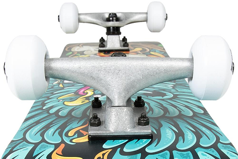 Close-up view of the Tony Hawk 180 Series Rotten Complete Skateboard (7.375″ x 29″) by Tony Hawk, featuring silver trucks and white wheels, along with a vibrant blue and orange feather-like graphic on the deck. The image highlights the skateboard’s hardware and eye-catching design, making it an excellent choice for beginners seeking a quality entry level board.