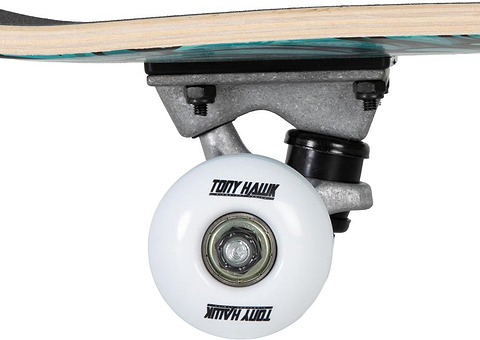 Close-up of a skateboard wheel with “Tony Hawk” printed on it, attached to the metal truck and underside of the Tony Hawk 180 Series Rotten Complete Skateboard - 7.375″ x 29″—an ideal setup for entry-level skaters.