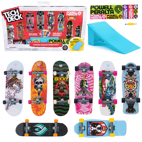 Tech Deck Legends Sk8Shop Fingerboards 8 Pack featuring eight fingerboards with various graphic designs, a blue plastic ramp, and spare wheels arranged in and out of their retail packaging.