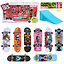 Tech Deck Legends Sk8Shop Fingerboards 8 Pack featuring eight fingerboards with various graphic designs, a blue plastic ramp, and spare wheels arranged in and out of their retail packaging.