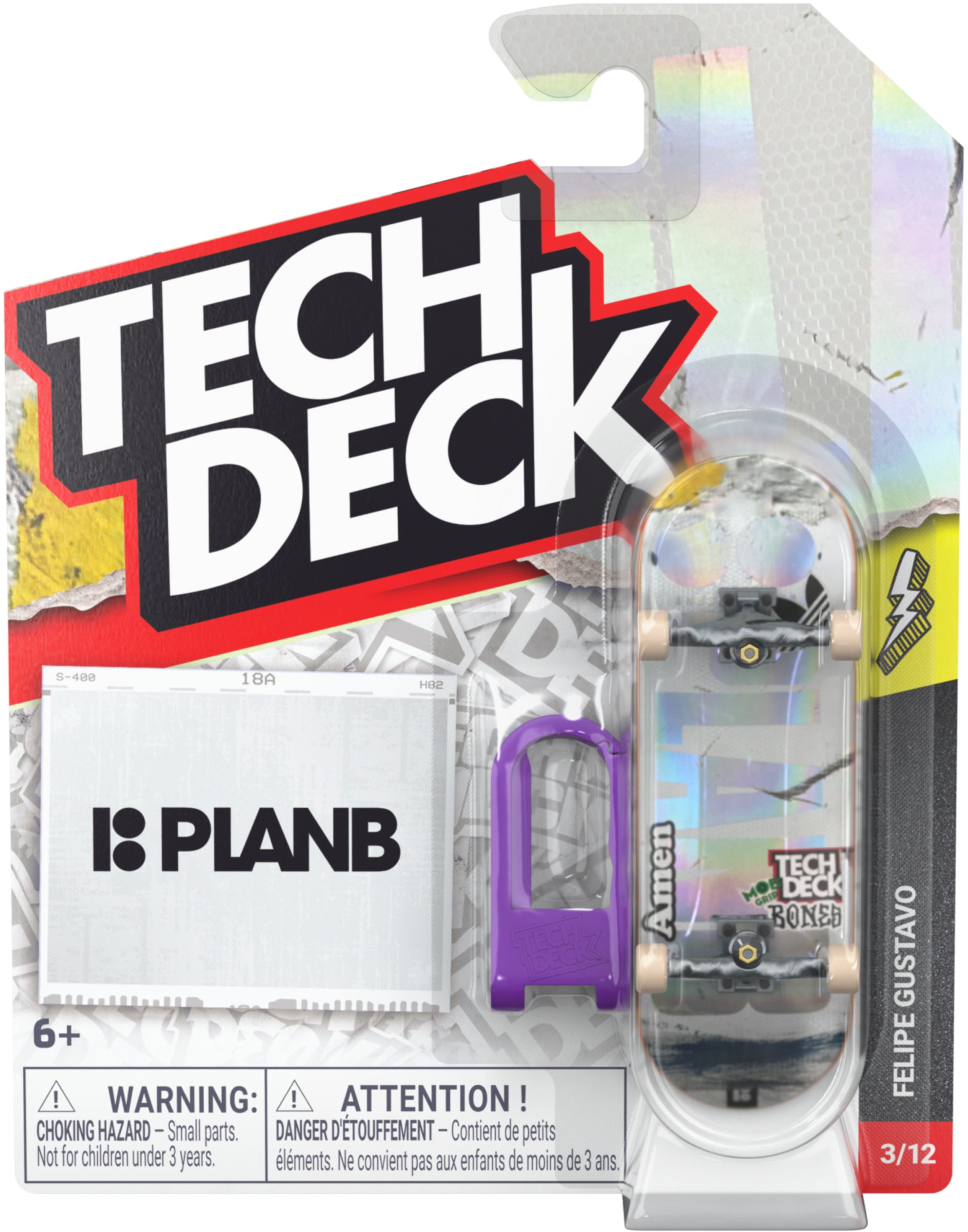 Tech Deck 96mm M61 Fingerboard - Plan B Felipe Gustavo in retail packaging, featuring an authentic skate graphics deck, a purple tool, and a sticker sheet.