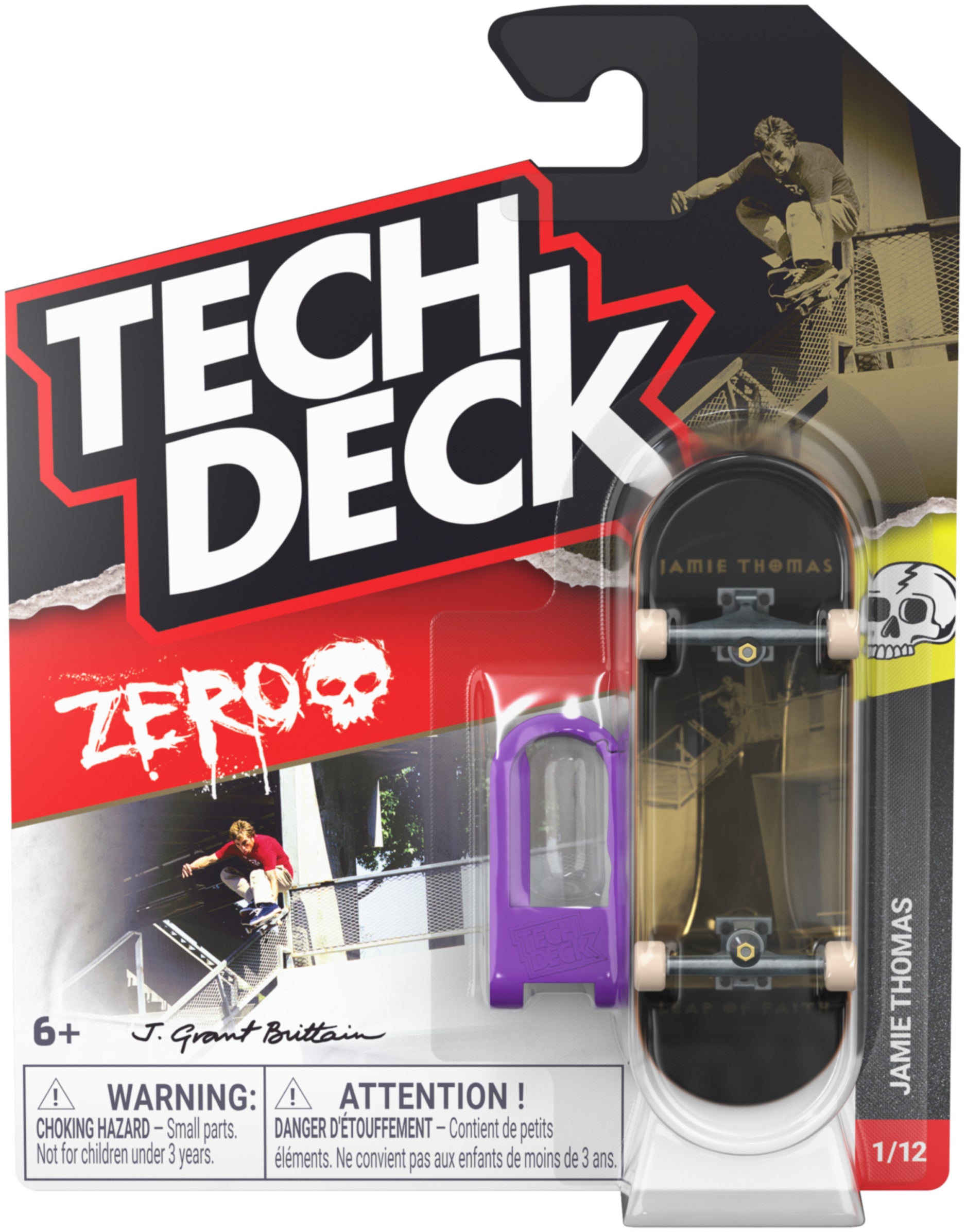 Tech Deck 96mm M61 Fingerboard - Zero Jamie Thomas in blister packaging, featuring a black board with authentic skateboard graphics of a white skull and a purple plastic tool.