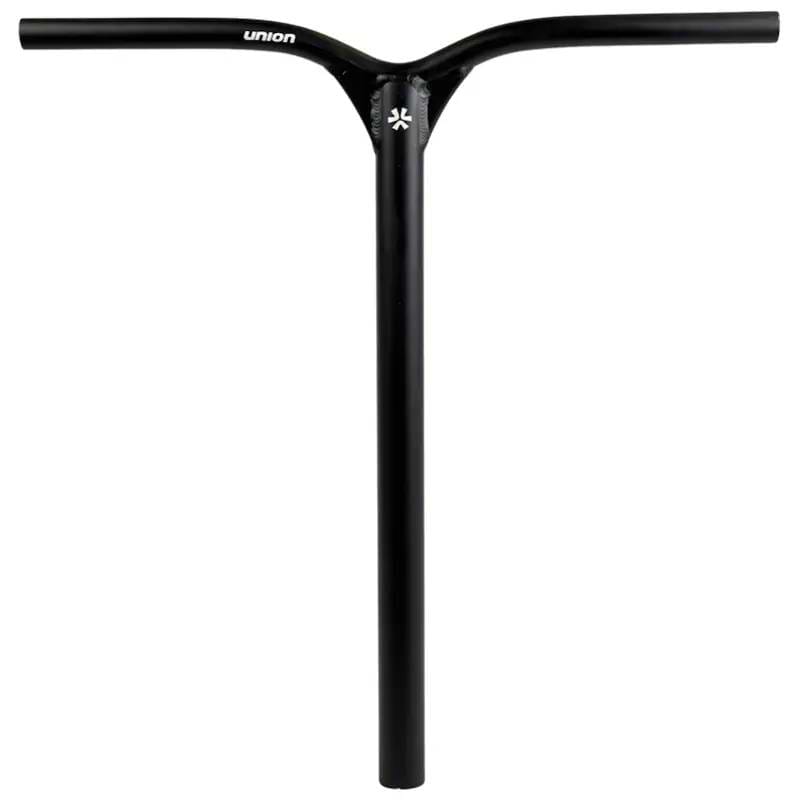 The Union Classic Aluminium Oversized IHC Stunt Scooter Bar in black (600mm x 560mm) features a Y-shaped design, "union" branding near the top, and a small white logo below the crossbar. It stands upright against a white background.