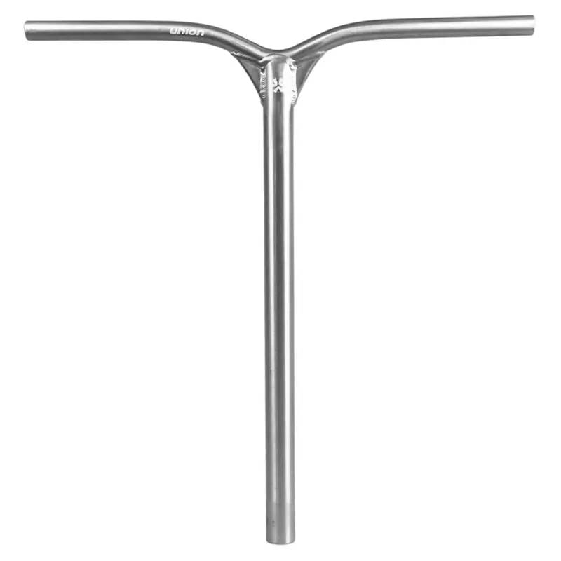 The Union Classic Aluminium Oversized IHC Stunt Scooter Bar - Raw 600mm x 560mm by Union is a silver, lightweight T-shaped bar made from durable aluminium, shown against a plain white background.