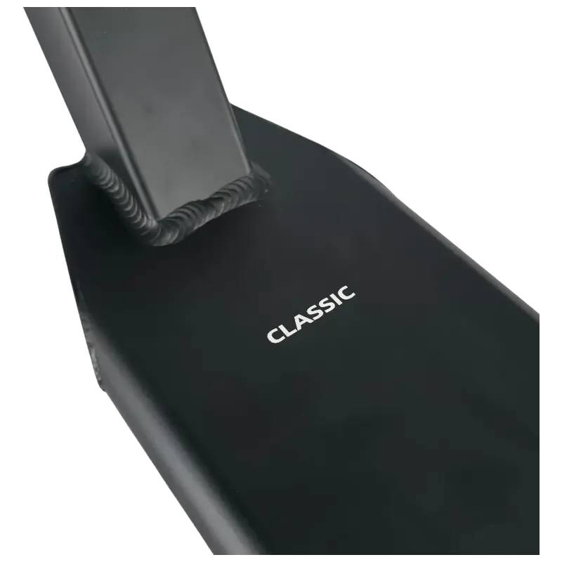 Close-up of the Union Classic Pro Black Stunt Scooter Deck (5”) by Union, showing black lightweight metal with "CLASSIC" in white letters and visible welds on the left side.
