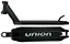 The Union Classic Pro Black Stunt Scooter Deck - 5" by Union is shown from the side and bottom; the underside features "union" in bold white letters. Lightweight and made for park riders, it includes a headtube and rear wheel cutout.